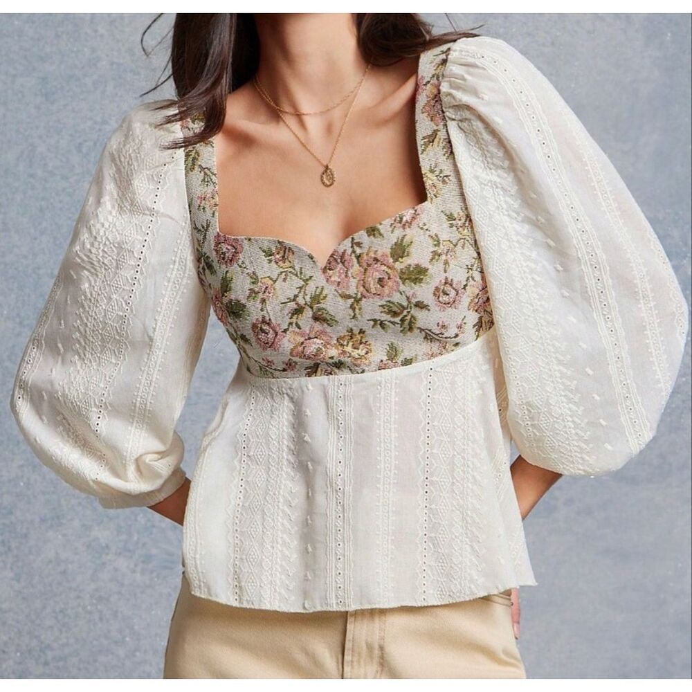 West Fade Tapestry Floral Milkmaid Peplum Top Eyelet Coquette Bridgerton Small